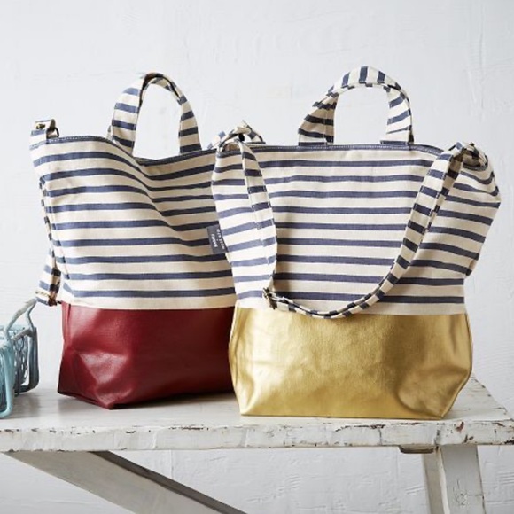 BAGGU Handbags - BAGGU Duck Bag with Navy & White Stripe & Maroon Base